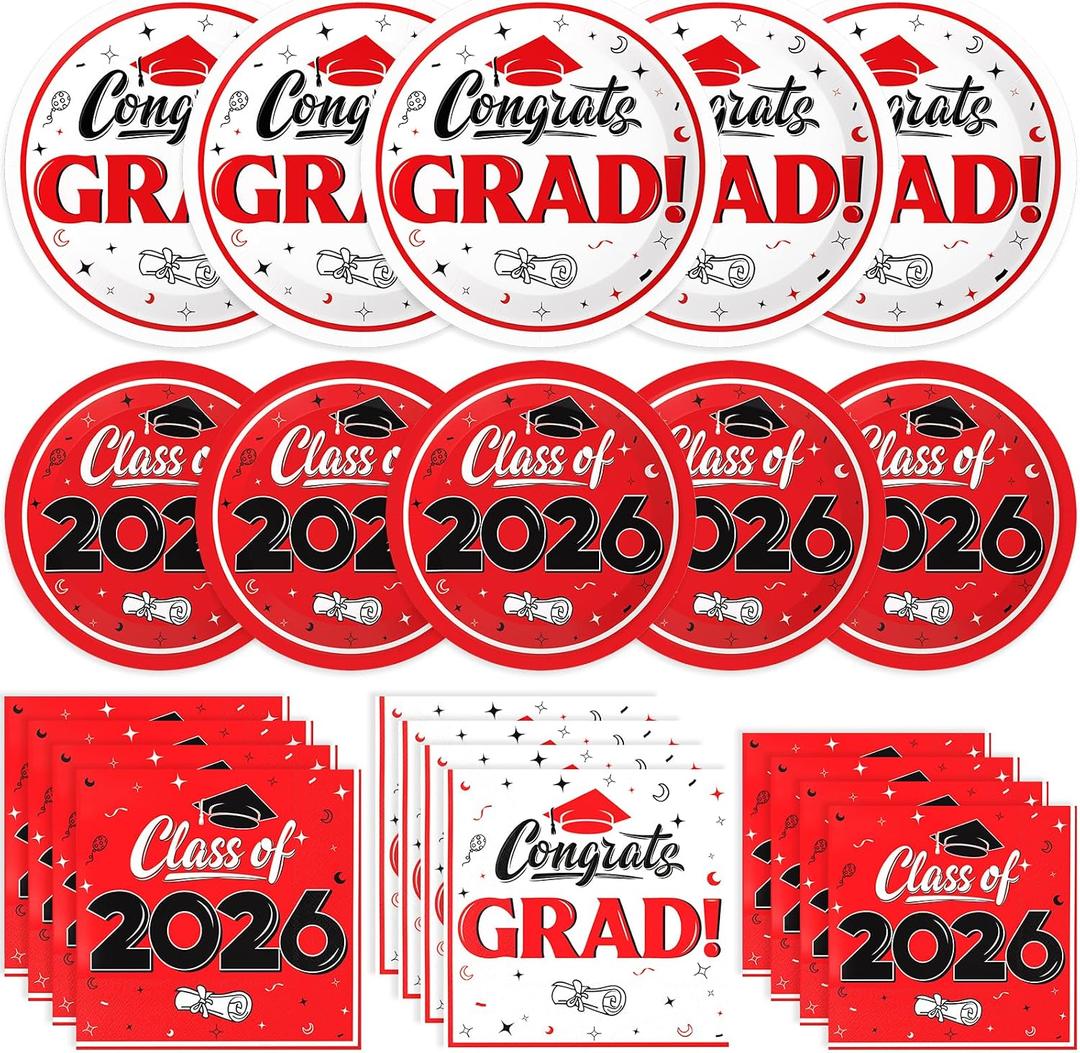 Graduation Decorations 2026, 200 Pcs Class of 2026 Graduation Party Supplies Kit with Paper Plates, Luncheon and Cocktail Napkins, Congrats Grad Decorations for 50 Guests (Red)