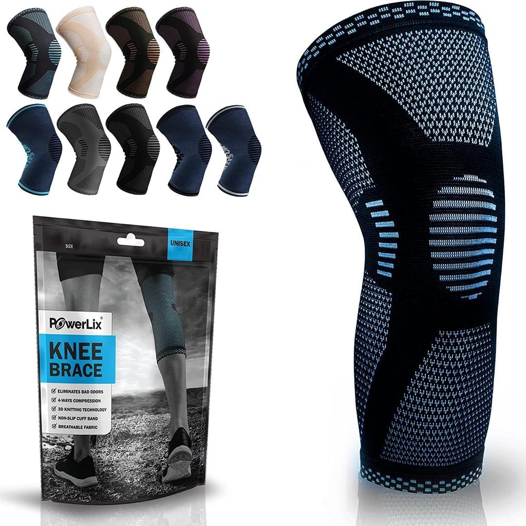 POWERLIX Knee Compression Sleeve - Best Knee Brace for Knee Pain for Men & Women Knee Support for Running, Basketball, Volleyball, Weightlifting, Gym, Workout, Sports - (Light Blue L)