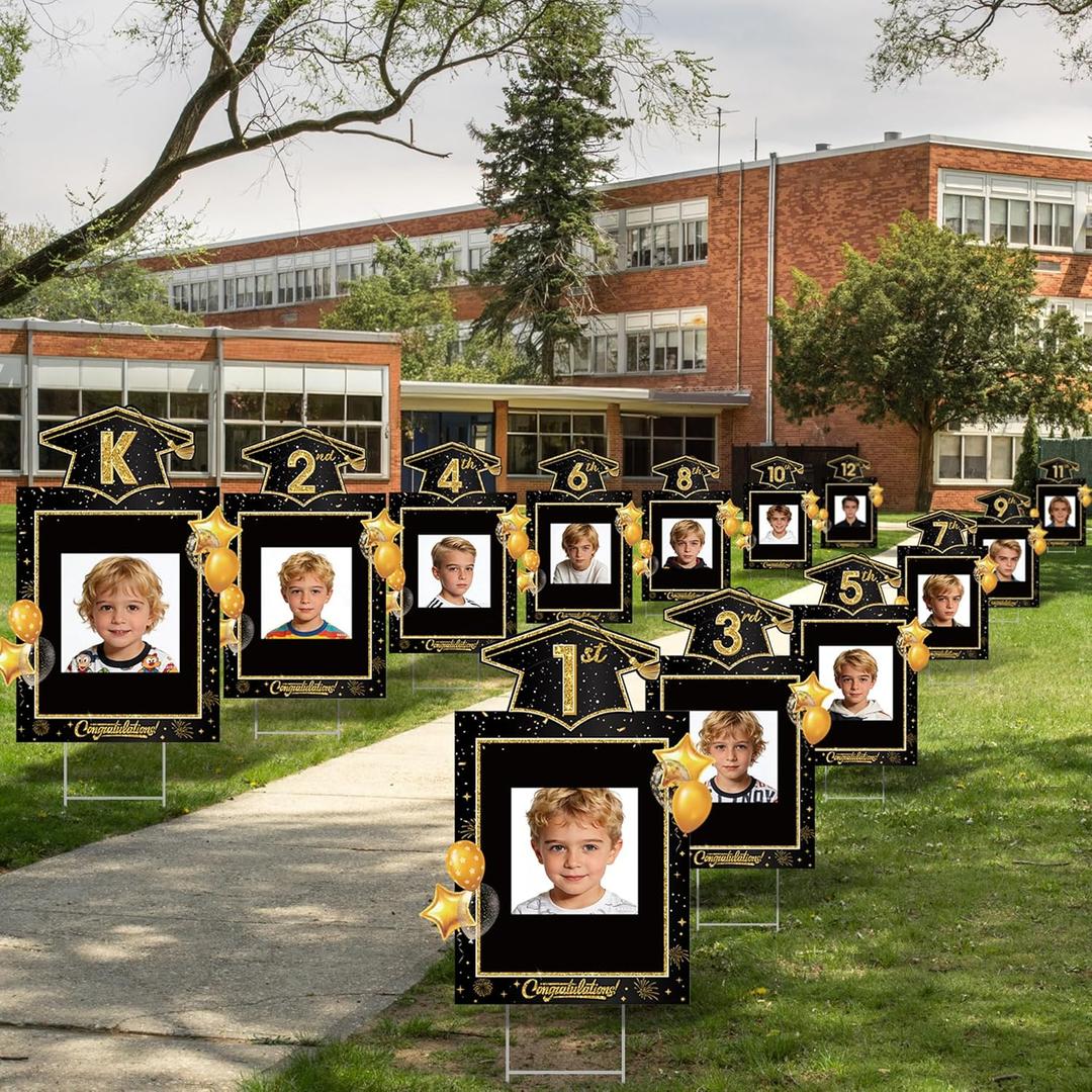13 Pcs 2026 Graduation Yard Sign, Class of 2026 K-12 DIY Name Yard Sign with Metal Stakes, Congrats Grad Lawn Decor for Kindergarten to High School Outdoor Grad Party Supplies, Black and Gold
