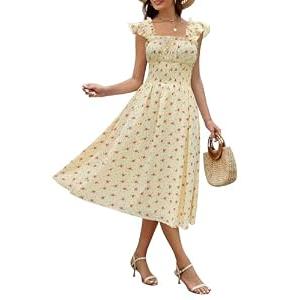 ZTMZA Women's 2025 Summer Flowy Maxi Dresses Casual Ruffle Sleeve Square Neck Smocked Waist Beach Vacation A Line Long Dress Yellow Floral, Large