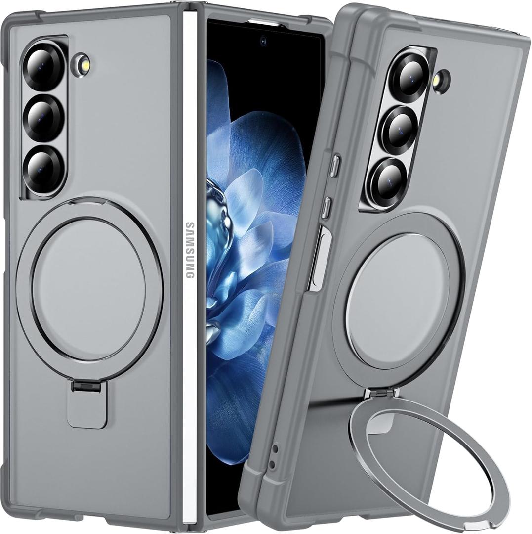 Hensinple for Samsung Galaxy Z Fold 6 Case with Ring Stand, [Compatible with MagSafe][Slim Fit], Magnetic Charing Translucent Back Shockproof Phone Case for Z Fold 6, Gray