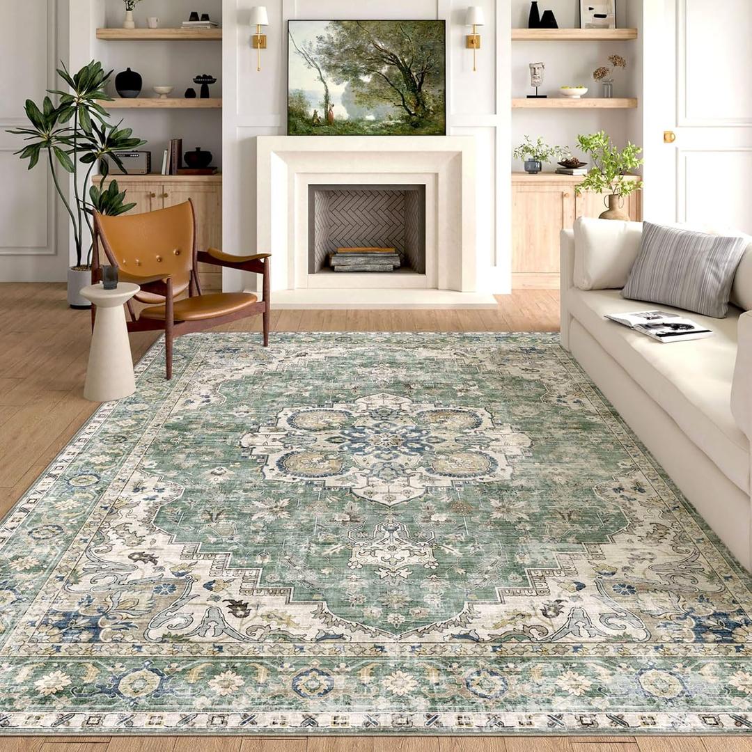 Washable Area Rug 8x10 - Large Sage Green Boho Rugs for Living Room Soft Vintage Bedroom Rug Ultra-Thin Farmhouse Oriental Distressed Carpet Non Slip Rug for Dining Room Guest Room Home Decor