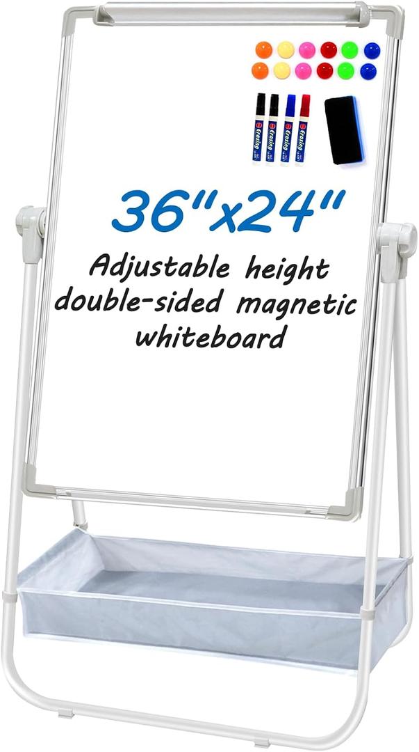 Dry Erase White Board with Stand Double Sided 36"X24" Magnetic U Standing Easel Whiteboard, Height Adjustable & 360 Rotation Portable White Boards for Classroom, Home & Office