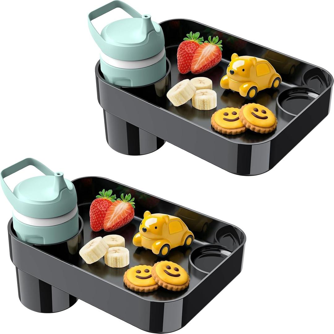 [2 Pack] Car Seat Snack Tray for Toddlers - 3 Inch Cup Holder Fits Most Sippy Cups & Straw Bottles with Dip Well, Mess-Free Square Kids Travel Tray Road Trip Essentials, Black, 2