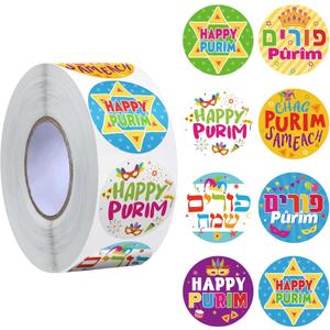 Fuutreo 1000 Pieces Happy Purim Sticker Roll 8 Styles Religious Jewish Gifts Mishloach Manot Sticker Bulk Chag Purim Sameach Self-Adhesive Label Decorations for Carnival Party Favors Gift Bag Decor