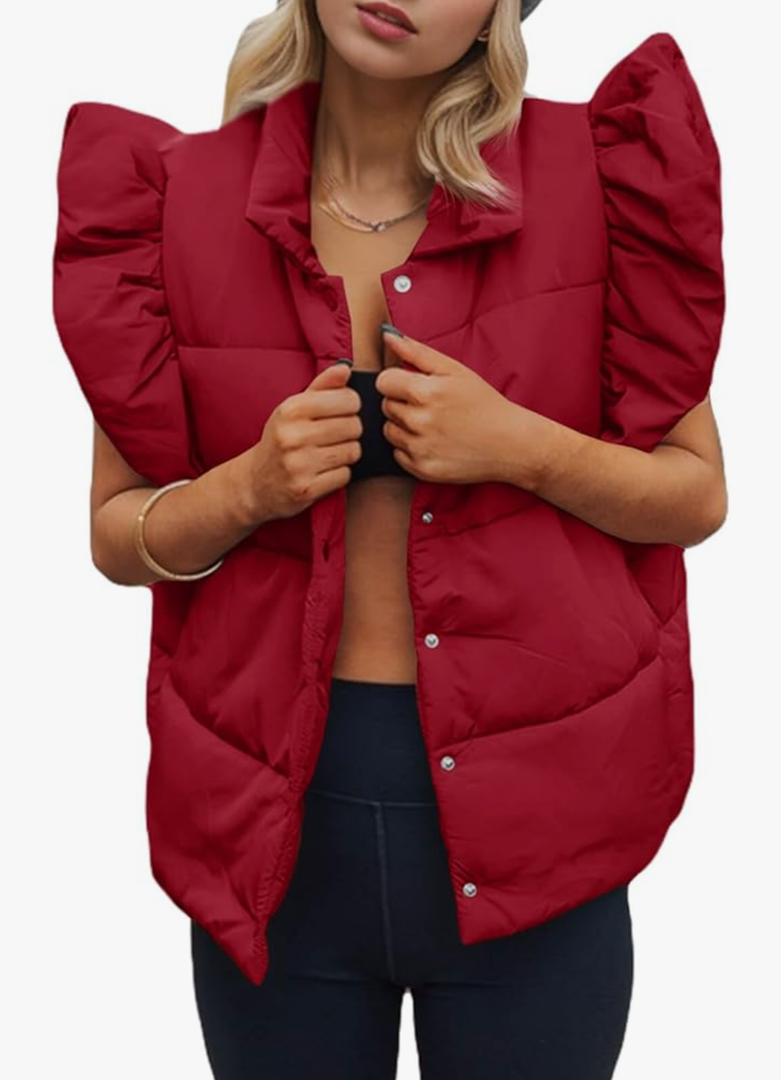 Tankaneo Womens Puffer Vest Ruffle Sleeveless Button Down Winter Warm Padded Gilet Coats, M