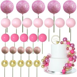 ASTARON 50 Pcs Ball Cake Topper Sticks Mini Balloons for Cake Decorating Supplies Foam Balls Cake decorations for Baby Shower Cake Birthday Cake Toppers Decorations (Pink Series)