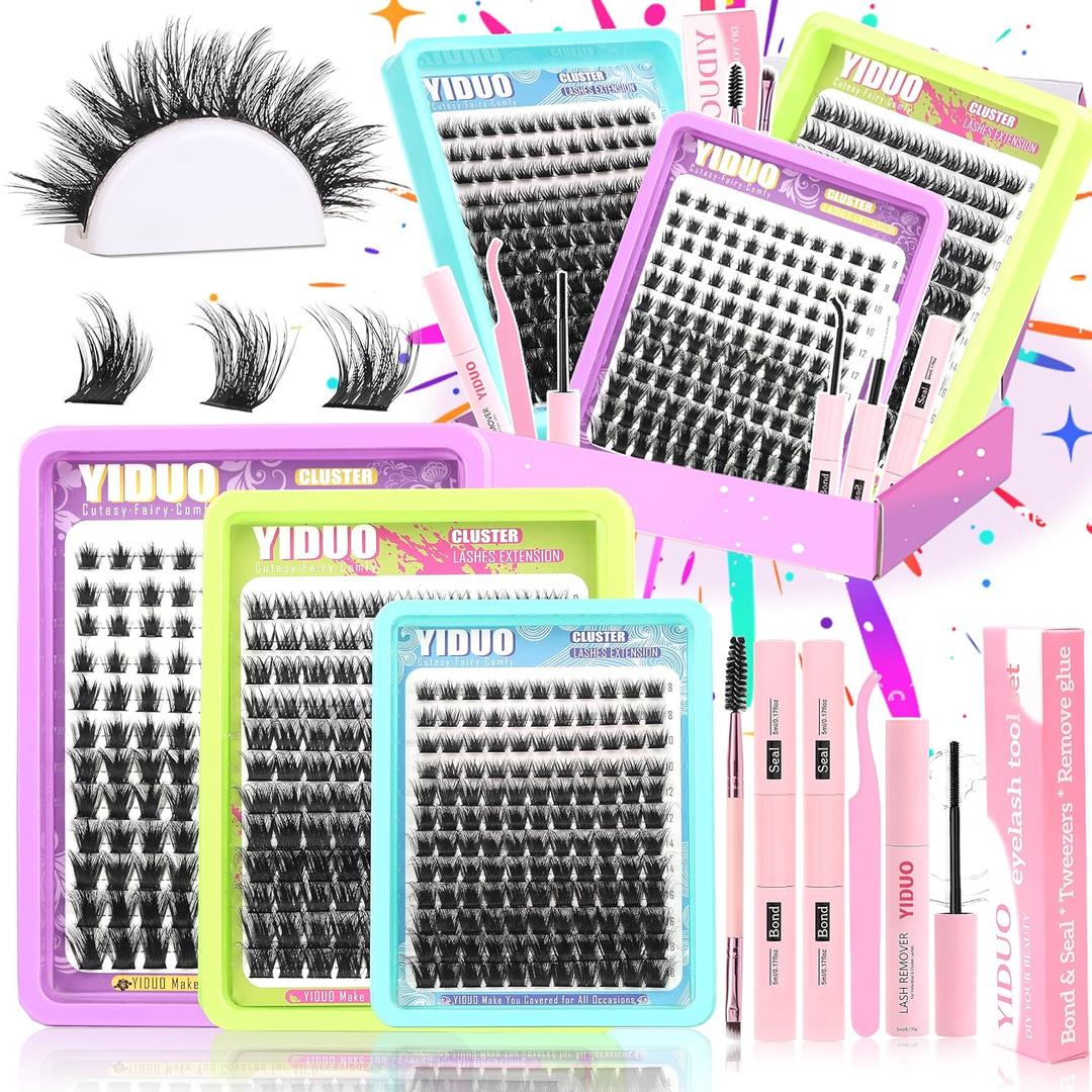 YIDUO 3 Styles Lash Clusters Kit Bulk Packs with 2Bond&Seal Volume/Manga/ultra/Dramatic Eyelash Extensions 8-18mm lashes Clusters Kit Wispy D Curl Individual Fake Eyelashes Kit DIY at Home Easily