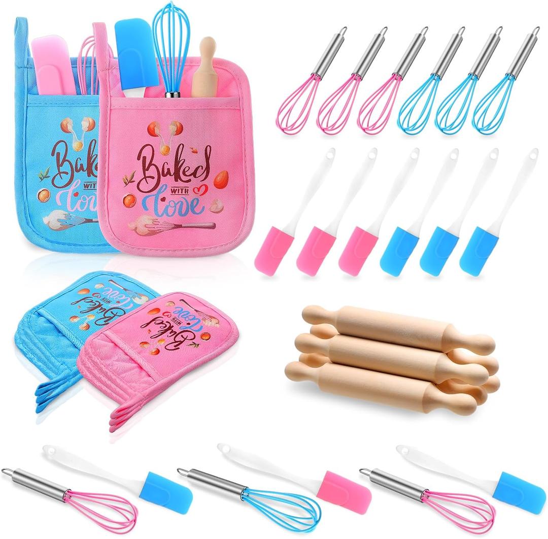 24 Pcs Valentines Day Gifts for Kids Valentines Day Baking Supplies with Kitchen Utensil, Pot Holders, Spatula, Rolling Pin, Whisk for Kids Classroom School Exchange Party Favors (Small)