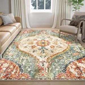 5x7 Rug, Washable Vintage Boho Carpet, Non Slip Low Pile Water Repellent Soft Print Pattern Indoor Rug for Living Room & Bedroom, Beige Red Green