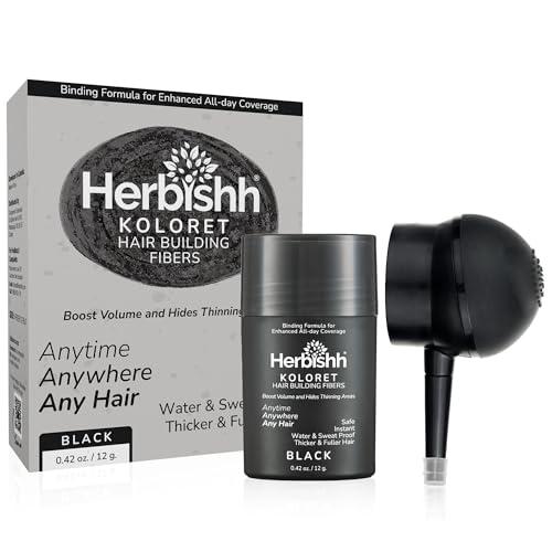 Herbishh Koloret Hair Building Fibers – Black Powder for Thinning Hair, Instant Bald Spot Cover Up & Scalp Concealer – Sweat-Proof & Water-Resistant Hair Thickening Fibers for Men & Women, 12g