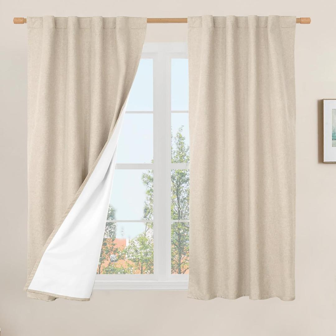 LAMIT Full Blackout Window Curtains for Bedroom, 54 Inches Thermal Farmhouse Curtains Back Tab and Rod Pocket Privacy Protected Burlap Panels with White Liner, 2 Panels, 38 x 54 Inch, Linen