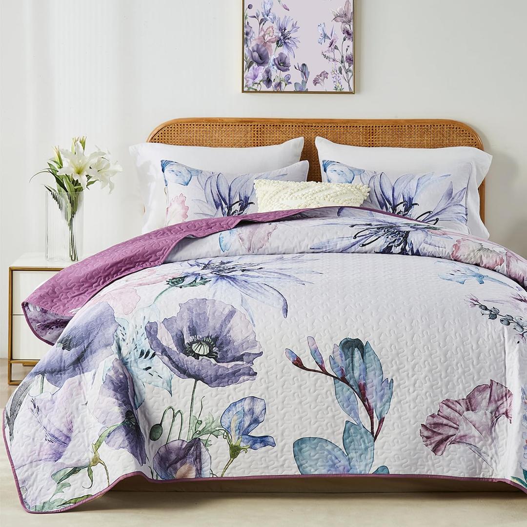 Yogeneg King Size Quilt Set, Elegant Floral Botanical Pattern Purple Bedding Set,3 Piece Lightweight Soft Summer Bedspread Coverlet with 2 PIillow Sham for All Season(Purple Floral,110"x96")
