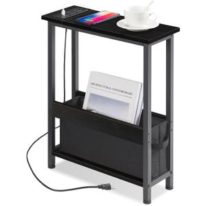 BAMGROW Slim Charging End Table with Storage - for Small Spaces and Bedroom (Black)
