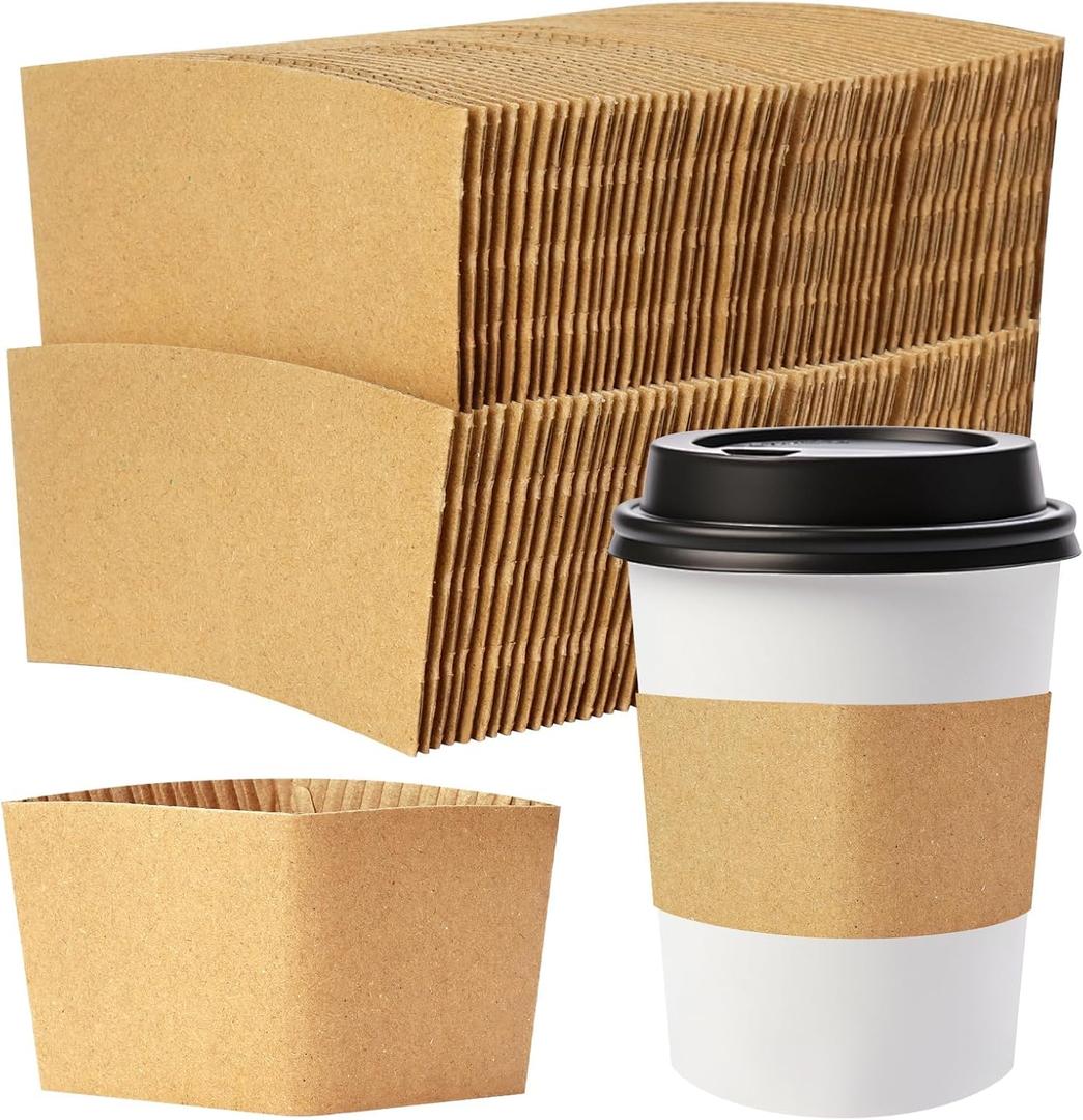 100 Pcs Kraft Coffee Cup Sleeves, Disposable Corrugated Paper Cup Sleeve for Hot/Cold Drinks, Anti Scald Coffee Sleeves Fit 12-24 oz Cups