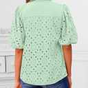 BETTE BOUTIK Women's Long Short Sleeve Tops 2025 Dressy Casual Button Hollow Out Lace Embroidered Blouses Shirts (Large, Light Green)