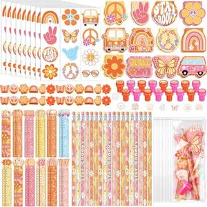 PerKoop 168 Pcs Groovy Party Favors Birthday Decorations Retro Boho Hippie Themed Two Groovy Mini Notebook Pencil Sticker Stamp Gift Goodie Bag for 60s 70s Peace Rainbow Daisy Prizes Piñata Fillers