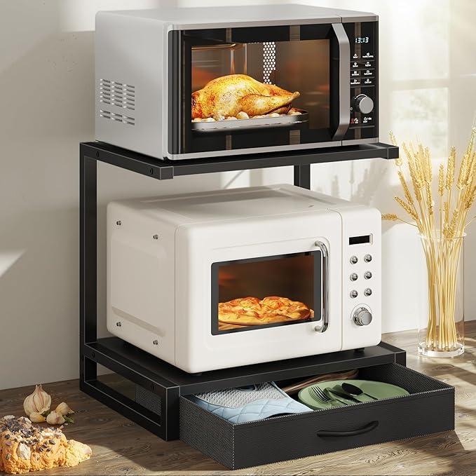 GYIIYUO Countertop Small Microwave Stand with Storage Drawer, 2-Tier Kitchen Microwave Shelf Rack, Heavy Duty Microwave Stand for Kitchen Organizer, 17.3"×11.8" Black