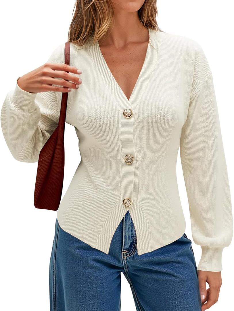 ECOWISH Cardigan Sweaters for Women 2025 Fall Long Sleeve V Neck Button Down Cropped Sweater Winter Ribbed Knit Outwear (Large, 475 White)