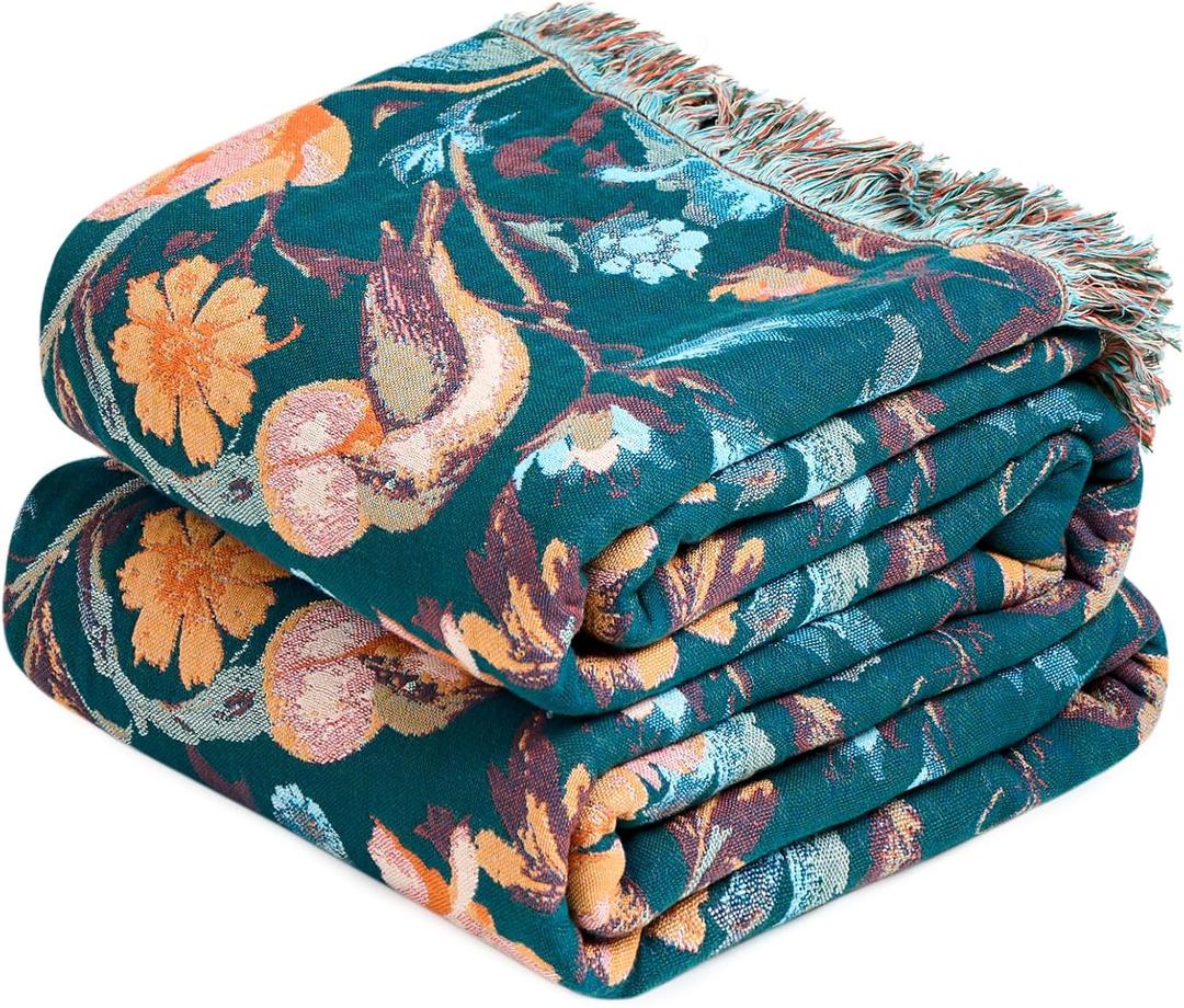 MSGKV Boho Throw Blanket for Bed 60"x80" Cotton Birds Floral Twin Size Couch Blanket Muslin Spring Breathable All Seasons Lightweight Farmhouse Blankets