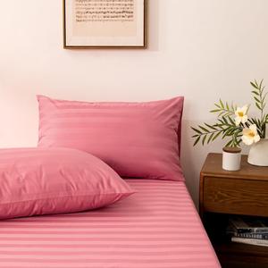 3 Piece Cotton Stripe Fitted Sheet and Pillowcase Set,Including 1 Queen Pink Fitted Sheet & 2 Pillowcase Set,Organic Cotton Deep Pocket Fitted Sheet，NO Flat Sheet Included,Soft and Cooling