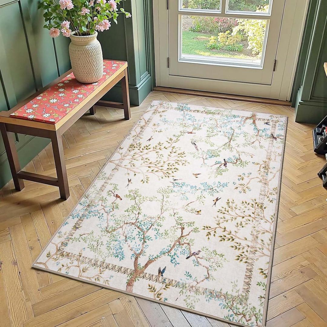 jinchan Yarden Botanical Birds 3x5 Ivory Area Rugs for Entryway Washable Non Slip Soft Nature Plants Modern Kids Room Carpet Vintage Ultra Thin Low Pile Rug for Living Room Kitchen Bathroom Front Door