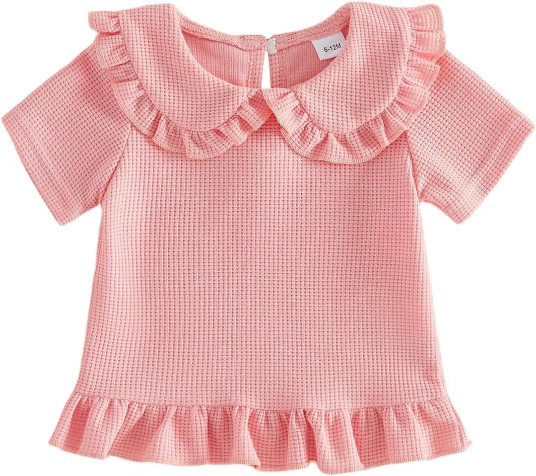 Baby Girl Casual Waffle Shirts Doll Collar Short Sleeve Ruffle Tops Toddler Girls Summer Basic Tees Kid Blouse (Pink)