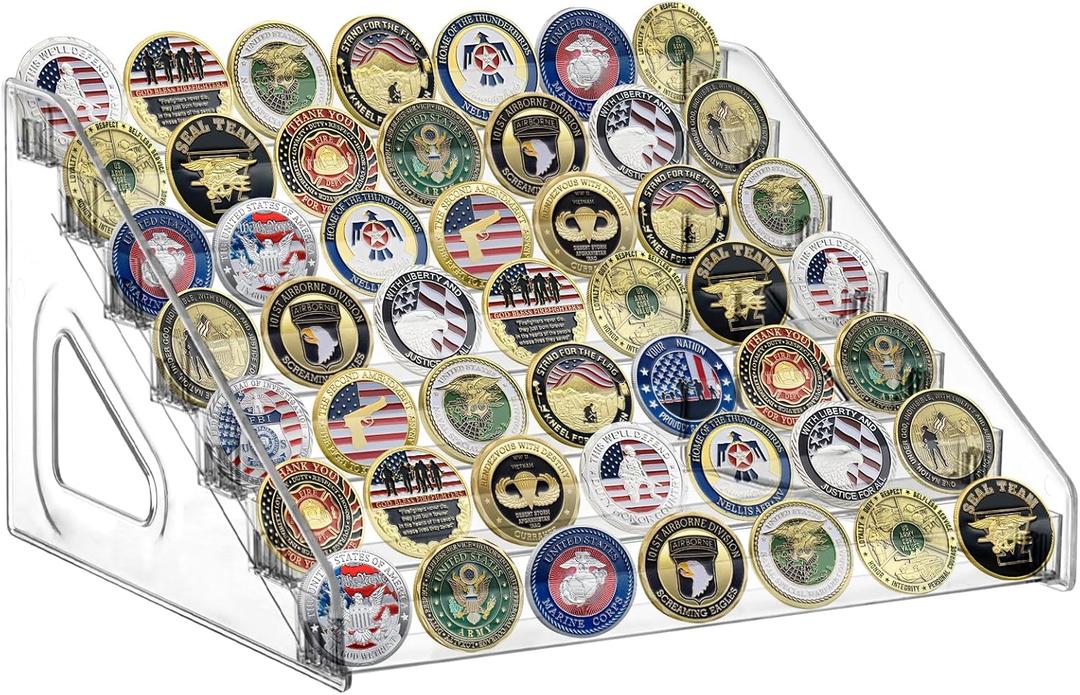Military Challenge Coin Holder Display Stand 7 Layer Large Capacity Acrylic Military Challenge Coin Rack-Holds 49 Coins, Army Collectible Coins Holder Display for Collectors Military Enthusiasts Veterans