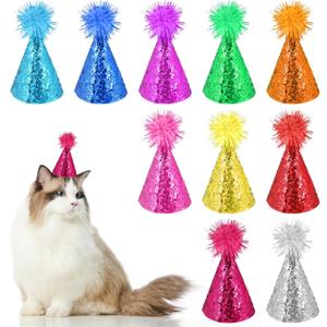 10 PCS Mini Cat Birthday Hat Multi-Color Glitter Adjustable Dog Birthday Party Supplies Hat Cute Reusable Puppy with Pompons Pet Decorations Outfits for Pet Puppy Cat Rabbits Animals