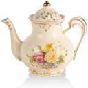 YOLIFE Flowering Shrubs Teapot, 25 OZ/ 3 Cup Ivory Vintage Porcelain Tea Pot with Infuser, Floral Teapot with Gold Leaves Trim Design