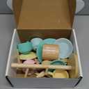 GAGAKU Kids Wooden Play Dishes Set -27Pcs Montessori Play Kitchen Accessories Plates and Bowls Set, Storage Stand & Play Food, Pretend Cooking Toys for Ages 3-5, Educational Gift for Toddler (Macaron Colors With Stands)