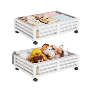 Wisuce Bamboo Under Bed Storage Containers Underbed Organizer with Wheels with Large Dust Bag,Sturdy Wood Rolling Under the Bed Shoe Storage Organizer Drawer 2 Packs (White, Small)