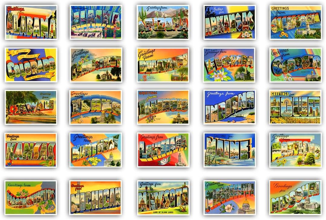 GREETINGS FROM 50 American states vintage reprints postcard set (ca. 1930-1940's). Large letter name postcards of each U.S. state. Post card variety pack. Made in USA.
