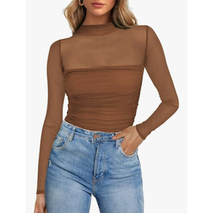 Poetsky Women's Sexy Sheer Long Sleeve Tops Mock Turtle Neck Mesh Ruched Fall Trendy Going Out Shirt Fitted Blouse 2026 Size L