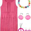 Daddy's New Fishing Buddy Girls Kids 60s 70s Outfits Disco Hippie Costume Fringe Vest Set (Pink)