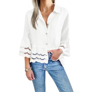 Cicy Bell Womens 3/4 Bell Sleeve Button Down Shirts Casual Ruffle Hem Tops Eyelet Blouse (Medium, White)
