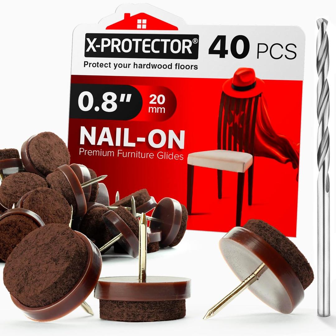 Nail-on Felt Pads X-PROTECTOR 40 PCS - 0.8" Felt Furniture Pads - Brown Chair Leg Floor Protectors - Nail in Furniture Pads for Furniture Legs - The Best Chair Pads for Hardwood Floors (20mm)!