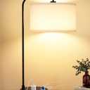 White Side Table Lamp with USB Port and Outlet, Dimmable Nightstand Bedside Lamps with Linen Lampshade, Desk Lamp for Bedroom, Living Room, Guest Room, Home Office, LED Bulb Included