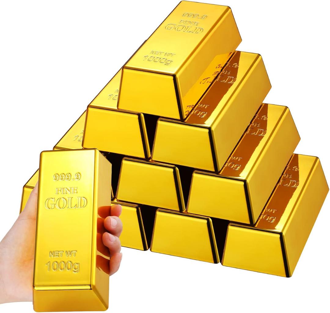12 Pieces Fake Gold Bar Replica Golden Bullion Glittering Brick Decorative Movie Prop for Stage Decoration Halloween Pirate Party Supplies Funny Gifts (6.5 x 2.9 x 2 Inch)