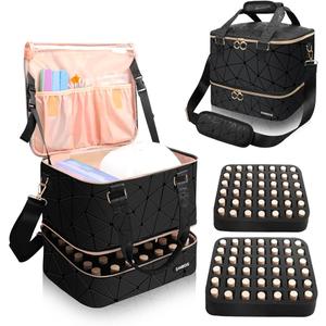 Nail Polish Organizer Holds 80 Bottles (15ml/0.5 fl.oz)& Nail Lamp, PU Leather Nail Organizers and Storage Bag with Shoulder Strap, Portable Nail Supplies Kit Organizer Carrying Case (Black)