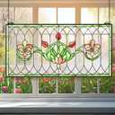 Maxdot 32"x16" Stained Glass Transom Window Panel, Large Horizontal Tulips & Irises Handcrafted Hanging Decor with Chain, Vintage Home Decor & Ideal Gift for Art Enthusiasts