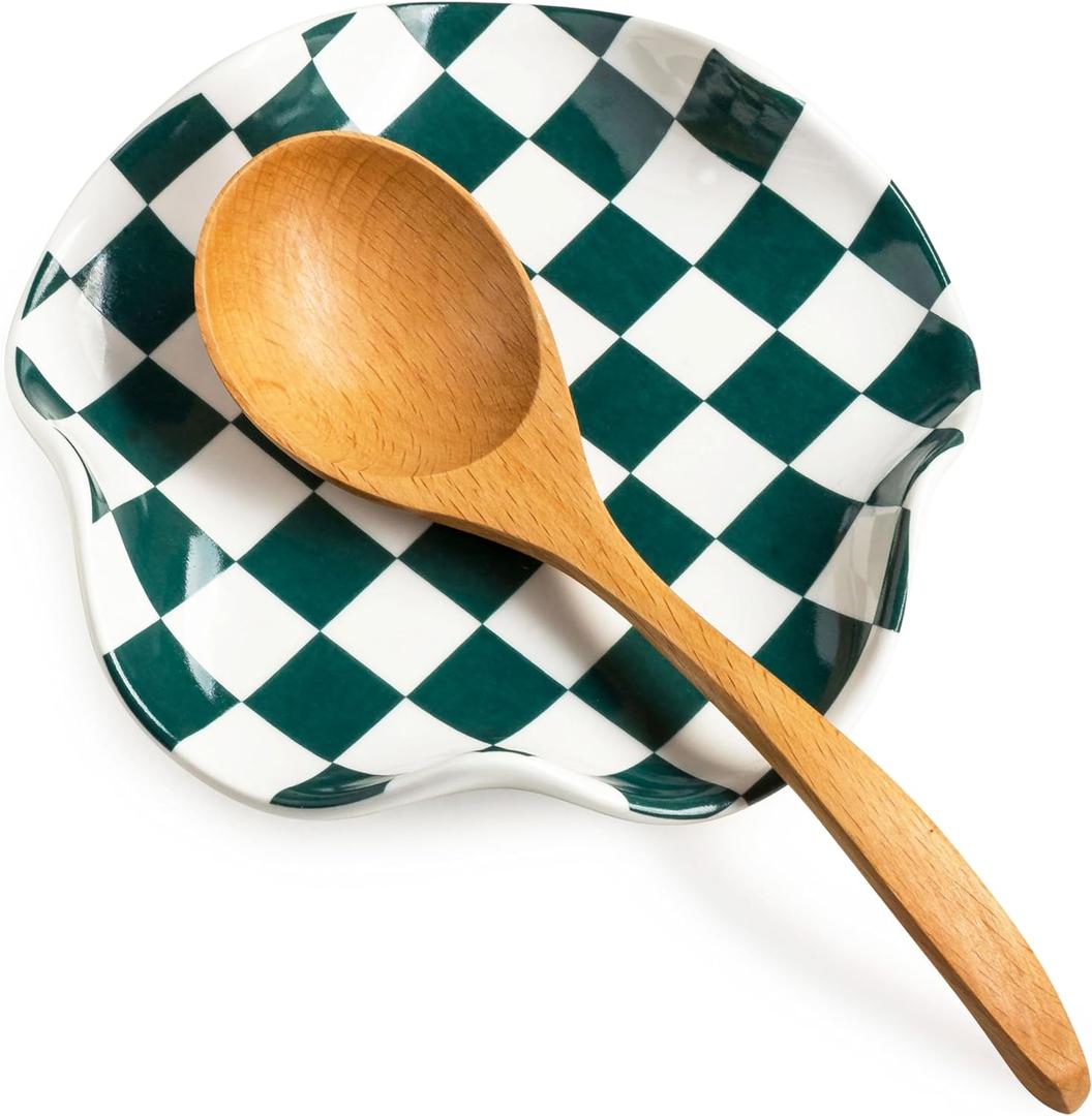 Checkered Spoon Rest for Kitchen Counter, Cooking Spoon Holder for Stove Top, Large Utensil Spatula Rest Tray, Cute Kitchen Gadgets Gift for Housewarmings Weddings (Green-White)