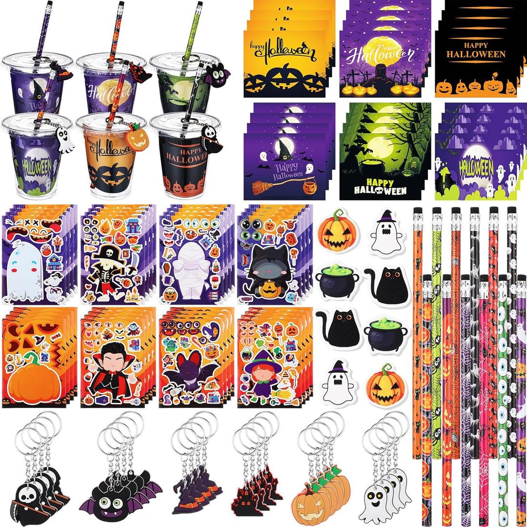 Baderke 24 Set Halloween Gifts Party Favors Cups Filler Halloween Party Supplies Goody Cups Pencil Keychain Eraser Sticker Card for Trick or Treating Spooky Themed Parties Gifts Prizes Rewards