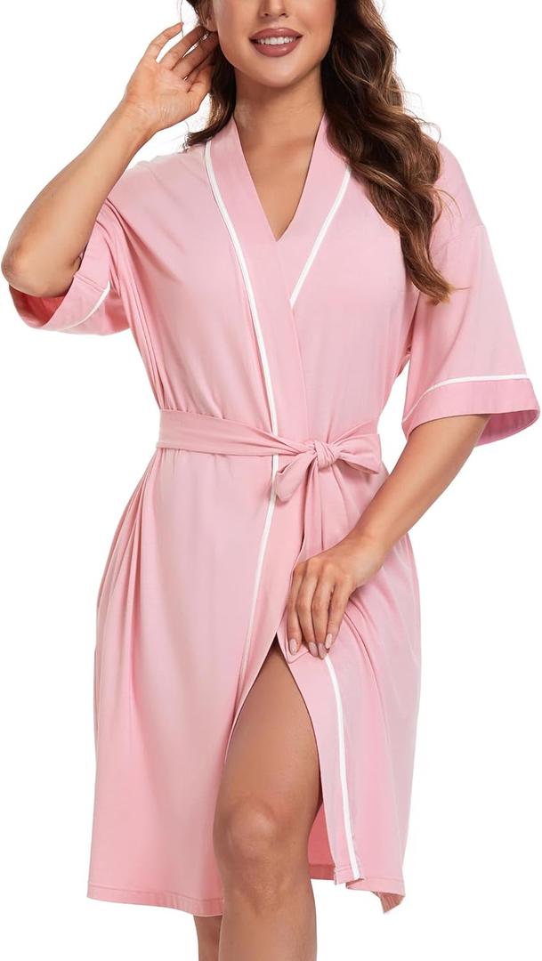 COLORFULLEAF Womens Bamboo Short Robes Lightweight Kimono Cotton Robe Soft Knit Bathrobe Ladies Loungewear with Pockets (Medium, Pink)