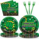 96Pcs Green Hero Paper Plates and Napkins Super Theme Birthday Party Supplies Green Hero Disposable Dinnerware Tableware Set for Kid Cartoon City Cityscape Baby Shower Table Party Decoration Serve 24