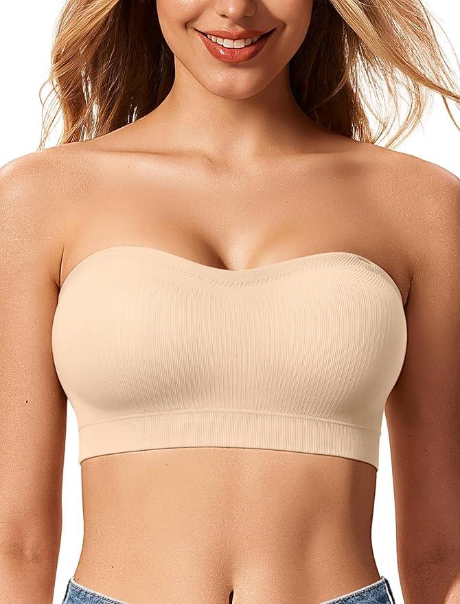 Push Up Strapless Bras for Women Supportive Bandeau Bra Non Slip Wireless No Underwire Padded Tube Bra(Nude, S)