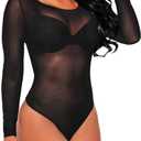 SEBOWEL Women Long Sleeves Mesh See Through Jumpsuit Bodysuit Top Leotard (Black, M)