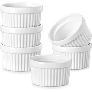 MALACASA Ramekins 6 oz Oven Safe, Porcelain Creme Brulee Ramekins Pudding Custard Cups Small Ceramic Souffle Dishes Ramakan Ramiken Ramicans Baking Bowls Set of 6, White, Series RAMEKIN-DISH