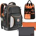 Tool Bag Backpack with 2 Canvas Tool Pouch Tool Kit, 75 Pockets & Loops Heavy Duty Tools Organizer/HVAC Tool Carrier for Eelectrician/Construction Work with Molded Base and Combination Lock, Black