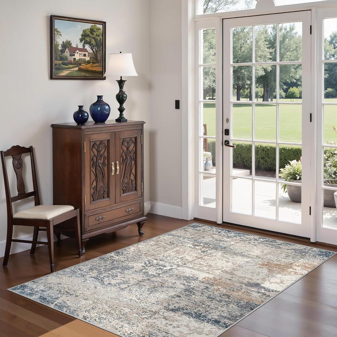 Art&Tuft Washable Rug, Anti-Slip Backing Abstract 3x5 Rug, Stain Resistant Rugs for Living Room, Foldable Machine Washable Area Rug (Blue, 3'x5')